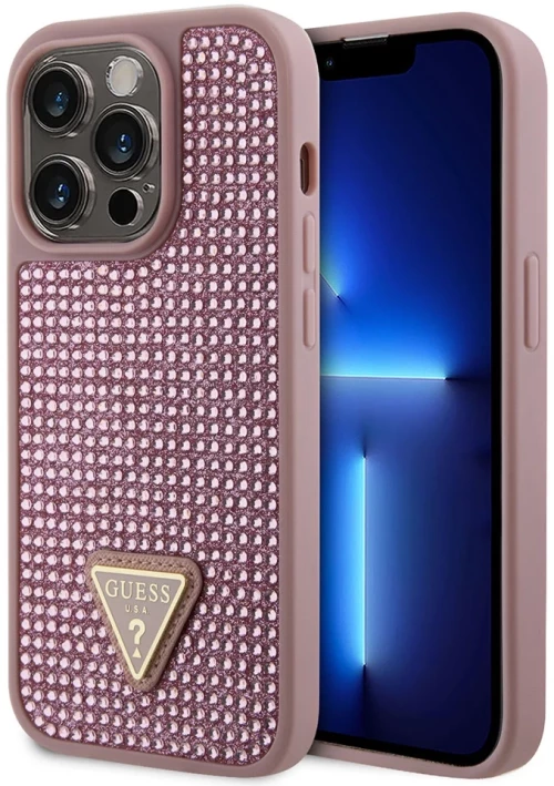 Guess iPhone 15 Pro Back cover case - Rhinestone triangle - Pink