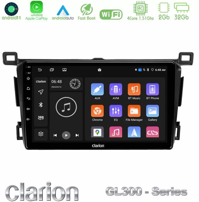 Clarion GL300 Series 4Core Android11 2+32GB Toyota RAV4 2013-2018 Navigation Multimedia Tablet 9" Με Carplay & Android Auto U-GL3-TY0435