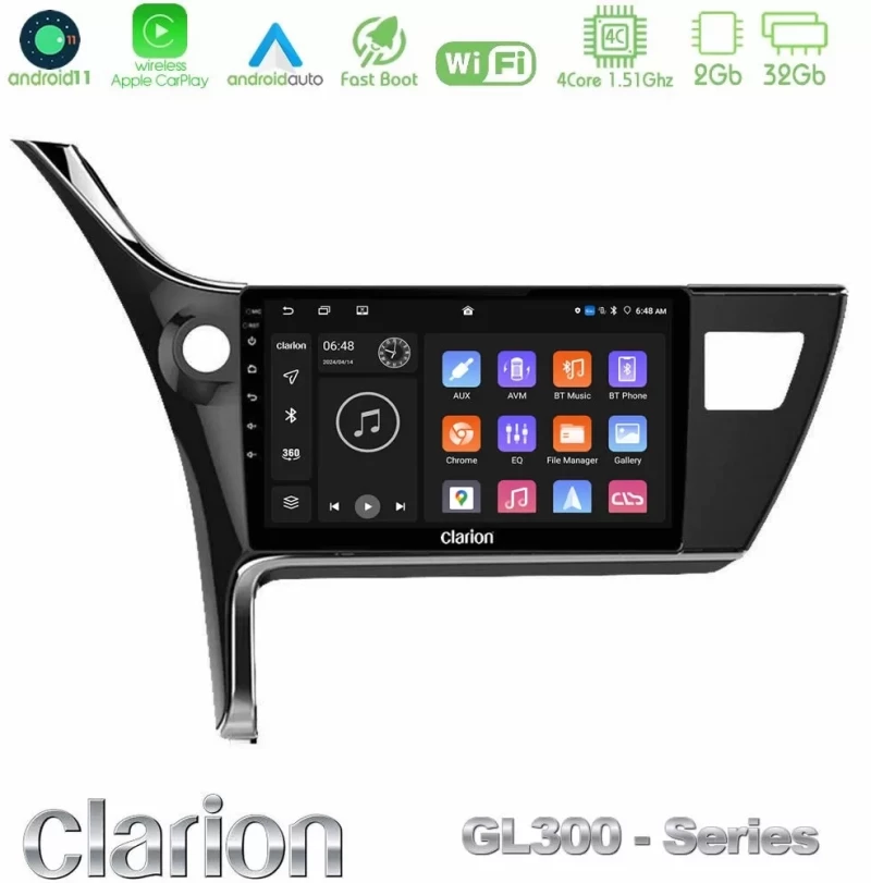 Clarion GL300 Series 4Core Android11 2+32GB Toyota Corolla 2017-2018 Navigation Multimedia Tablet 10" Με Carplay & Android Auto U-GL3-TY0158