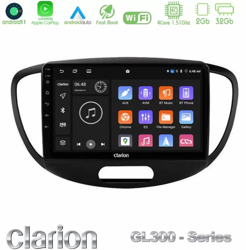 Clarion GL300 Series 4Core Android11 2+32GB Hyundai i10 2008-2014 Navigation Multimedia Tablet 9" Με Carplay & Android Auto U-GL3-HY0551