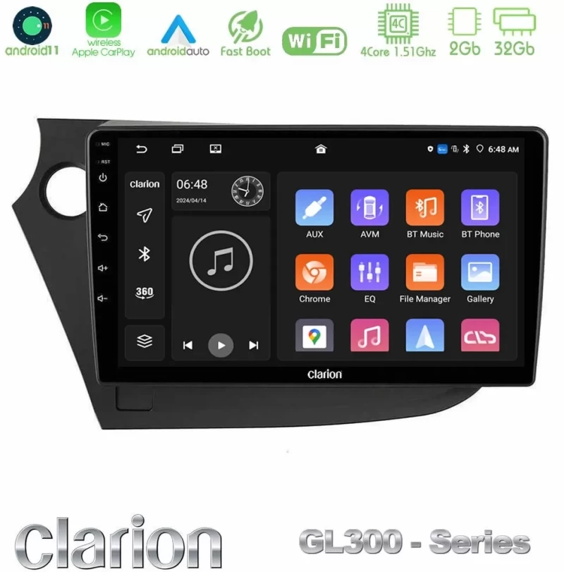 Clarion GL300 Series 4Core Android11 2+32GB Honda Insight 2009-2015 Navigation Multimedia Tablet 9" Με Carplay & Android Auto U-GL3-HD0821