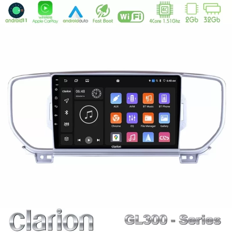 Clarion GL300 Series 4Core Android11 2+32GB Kia Sportage 2016-2018 Navigation Multimedia Tablet 9" Με Carplay & Android Auto U-GL3-KI0033