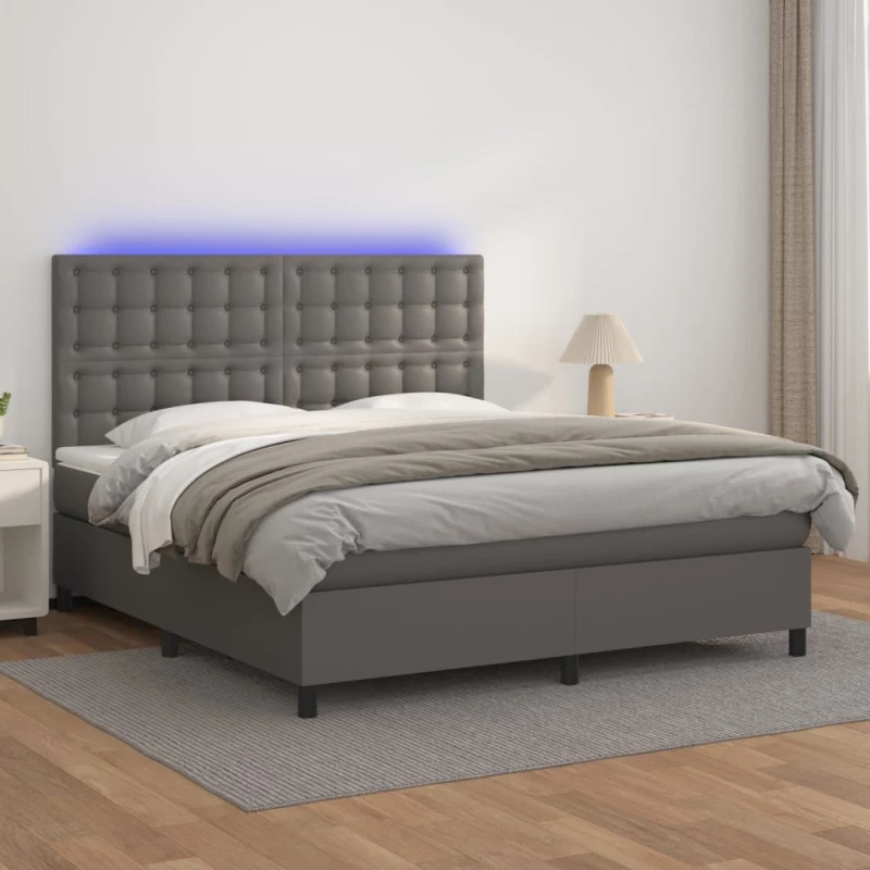 Κρεβάτι Boxspring με Στρώμα & LED Γκρι 160x200 εκ. Συνθ. Δέρμα Γκρι 3135955