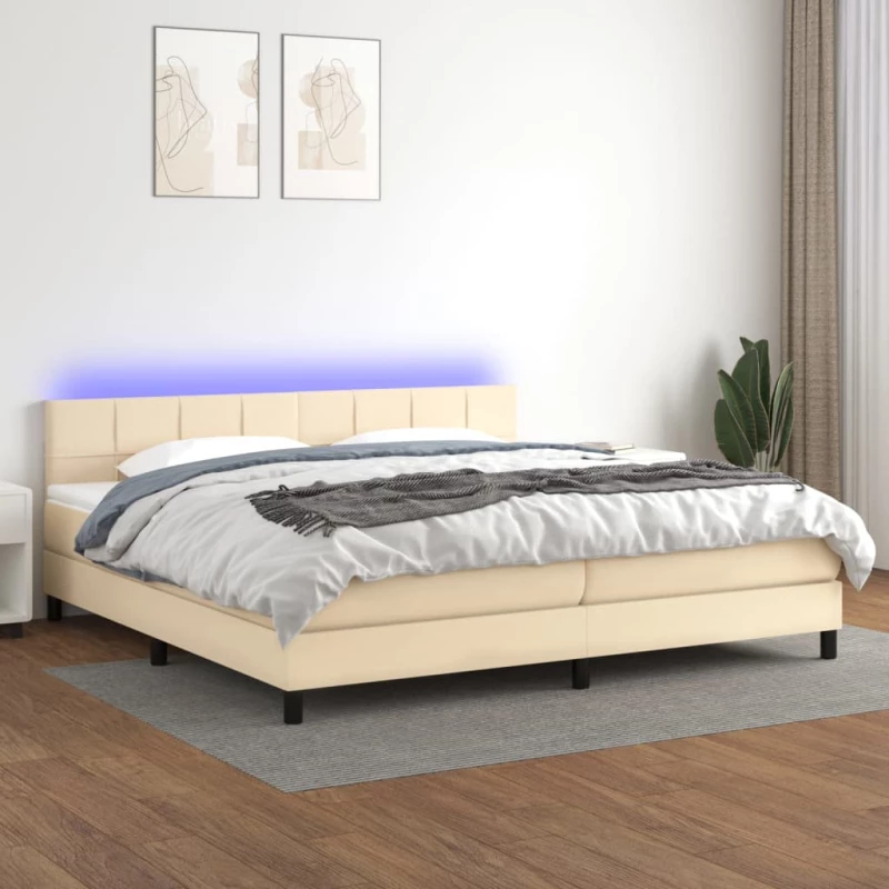 Κρεβάτι Boxspring με Στρώμα & LED Κρεμ 200x200 εκ. Υφασμάτινο Κρεμ 3133186
