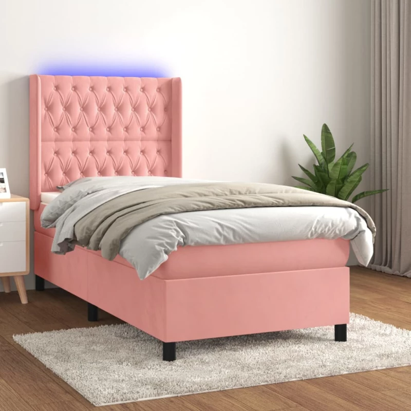 Κρεβάτι Boxspring με Στρώμα & LED Ροζ 90x190 εκ. Βελούδινο Ροζ 3139720