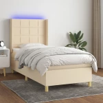 Κρεβάτι Boxspring με Στρώμα & LED Κρεμ 100x200 εκ. Υφασμάτινο Κρεμ 3138858
