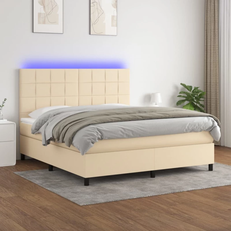 Κρεβάτι Boxspring με Στρώμα & LED Κρεμ 180x200 εκ. Υφασμάτινο Κρεμ 3134898