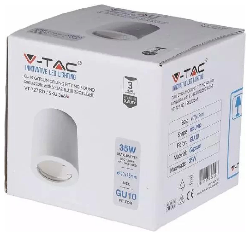 V-TAC Βάση Σποτ Γύψινη Στρογγυλή Εξωτερική για GU10 Λευκή 3665