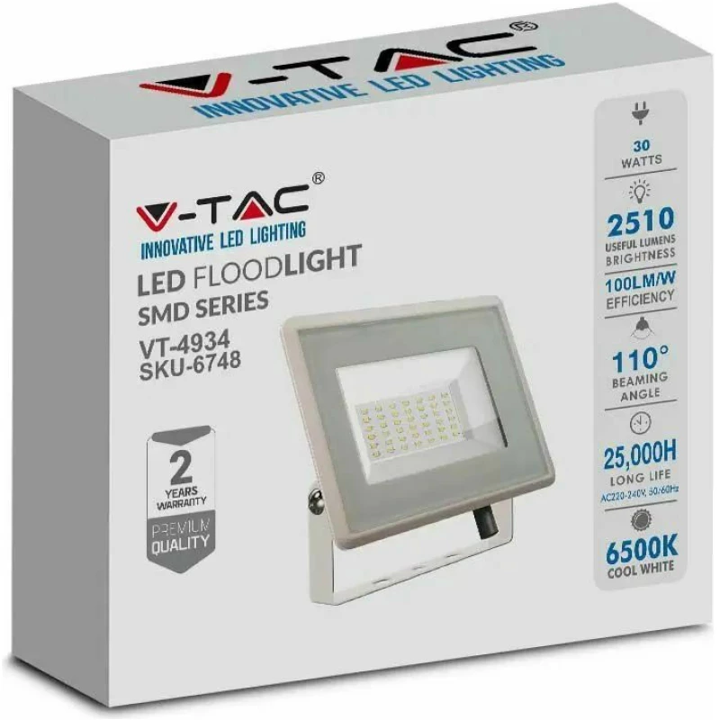 V-TAC Προβολέας LED F-Class 30W ψυχρό λευκό 6500K λευκό σώμα 6748