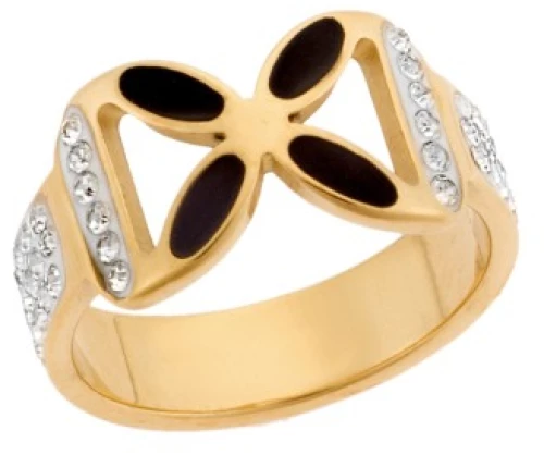Δαχτυλίδι Senza Gold Plated Steel, Μαύρο λουλούδι με λευκές πέτρες