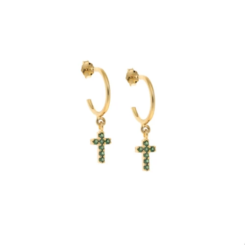 Σκουλαρίκια Κρίκοι Senza επιχρυσωμένο ασήμι 925, σταυρουδάκι διπλής όψης με πράσινα &λευκά ζιργκόν