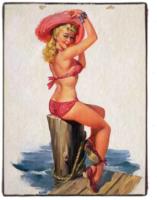 Vintage ξύλινος πίνακας pin up girl στη θάλασσα