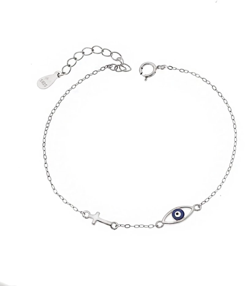 Βραχιόλι Senza Silver 925, Μάτι με σμάλτο και σταυρουδάκι