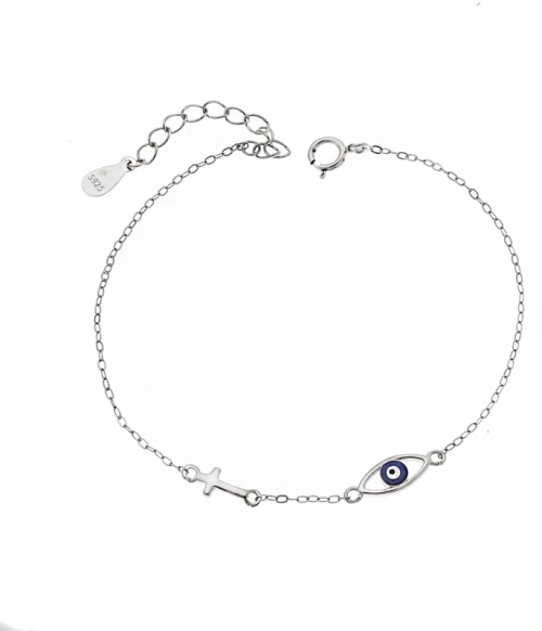 Βραχιόλι Senza Silver 925, Μάτι με σμάλτο και σταυρουδάκι
