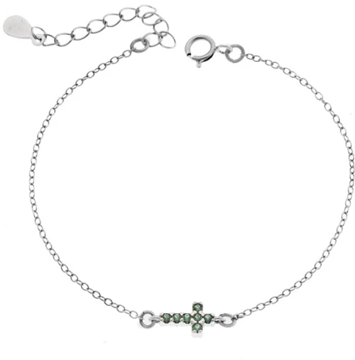 Βραχιόλι Senza Silver 925, σταυρός με πράσινα & λευκά ζιργκόν διπλής όψης