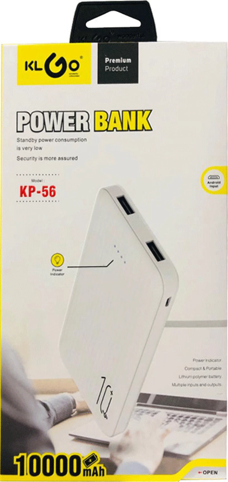 KLGO KP-56 Power Bank 10000mAh με 2 Θύρες USB-A Λευκό