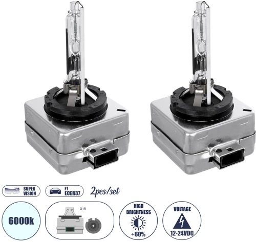 GloboStar® D1S/D1R 84031 Λάμπες Αυτοκινήτου HID Xenon Super Vision High Brightness +60% E1 ECER37 360° DC 12-24V IP20  Μ4 x  Π5 x Υ8cm 6000K- Σετ 2 Τεμαχίων