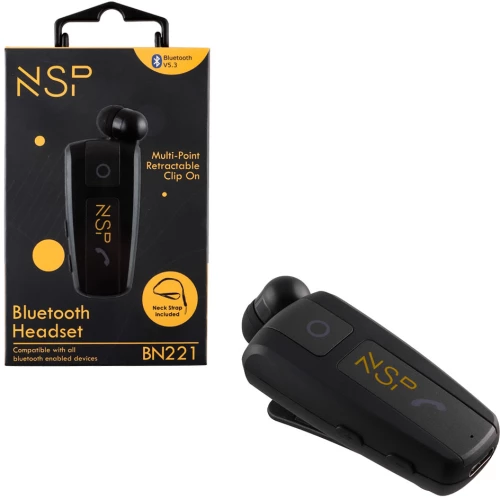 NSP BLUETOOTH BN221 RETRACTABLE CLIP ON HEADSET V5.3 (2 ΣΥΣΚΕΥΩΝ) VIBRATION + ANTI-LOST + STRAP BLACK Μαύρο Headset Clip v5.3