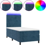 vidaXL Κρεβάτι Boxspring με Στρώμα & LED Σκ. Μπλε 90x190 εκ. Βελούδινο