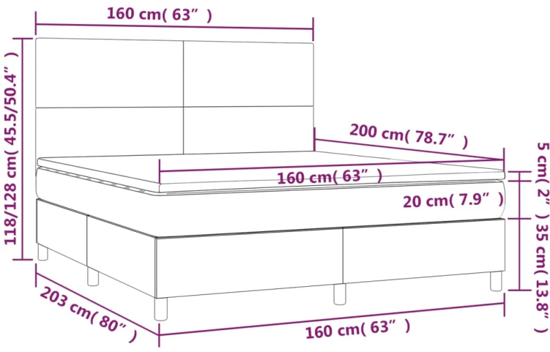 vidaXL Κρεβάτι Boxspring με Στρώμα & LED Σκ. Μπλε 160x200εκ. Βελούδινο
