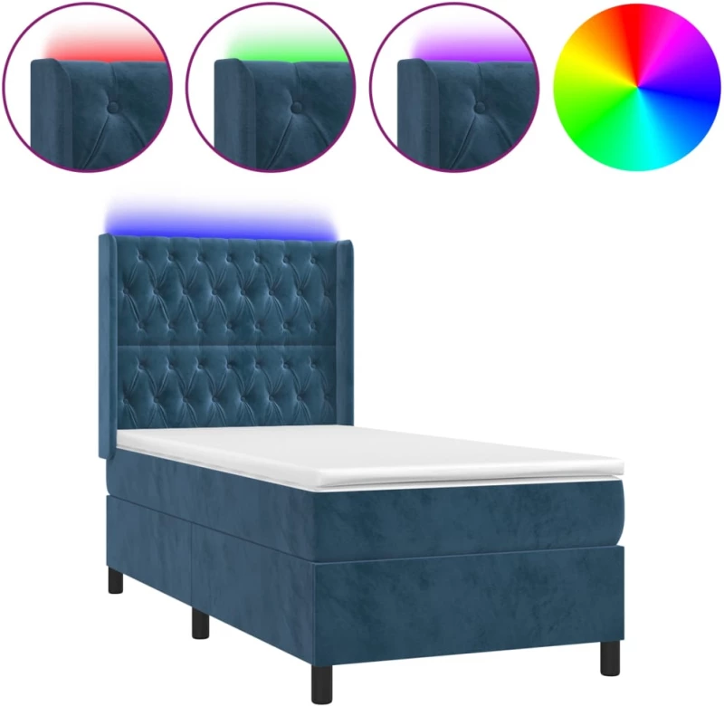 vidaXL Κρεβάτι Boxspring με Στρώμα & LED Σκ. Μπλε 90x190 εκ. Βελούδινο