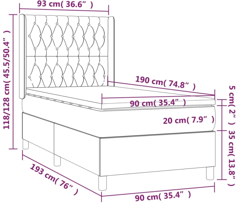 vidaXL Κρεβάτι Boxspring με Στρώμα & LED Σκ. Μπλε 90x190 εκ. Βελούδινο