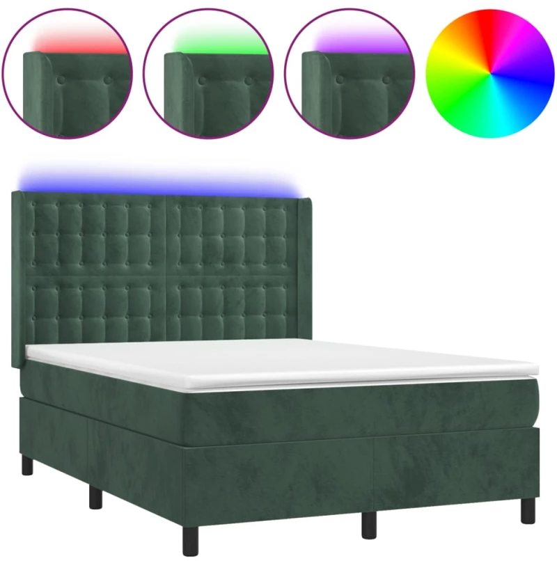 vidaXL Κρεβάτι Boxspring με Στρώμα & LED Σκ. Πράσινο 140x200εκ Βελούδο