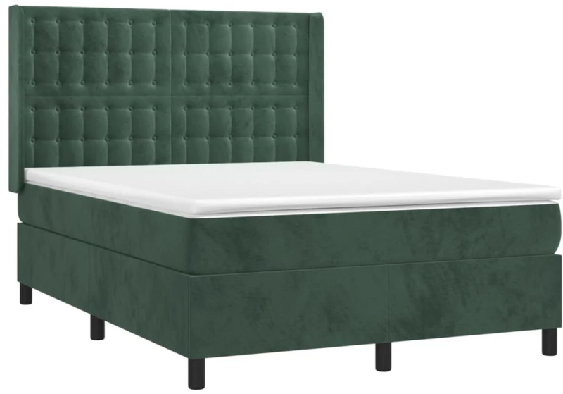 vidaXL Κρεβάτι Boxspring με Στρώμα & LED Σκ. Πράσινο 140x200εκ Βελούδο