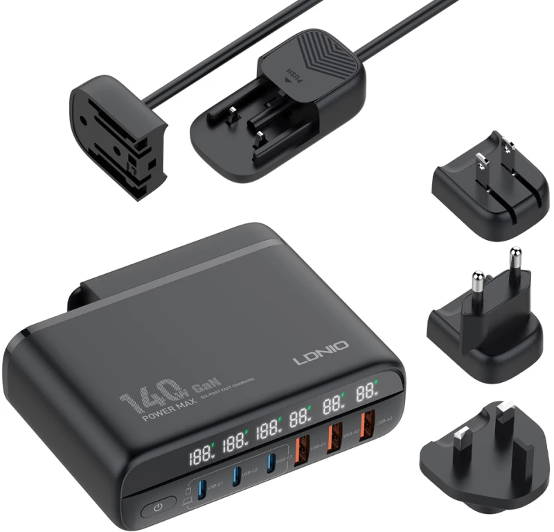 LDNIO σταθμός φόρτισης A6140C, 3x USB-C/3x USB, 140W, PD/QC, GaN, μαύρος
