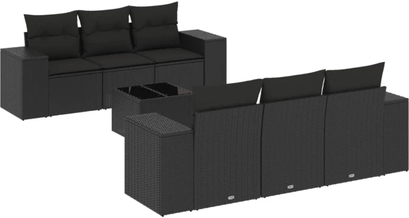 vidaXL Καναπές Σετ 7 Τεμαχίων Μαύρο Συνθετικό Ρατάν με Μαξιλάρια