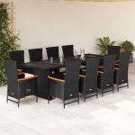 vidaXL Σετ Τραπεζαρίας Κήπου 11 τεμ Μαύρο από Συνθ. Ρατάν με Μαξιλάρια