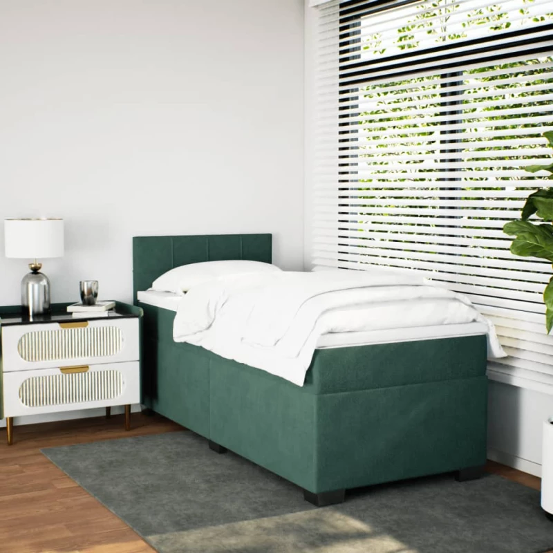 vidaXL Κρεβάτι Boxspring με Στρώμα Σκούρο Πράσινο 90x200 εκ. Βελούδινο