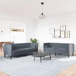 vidaXL Καναπές Chesterfield Σετ 2 Τεμ. με Στηρίγματα Σκ. Γκρι Βελούδο