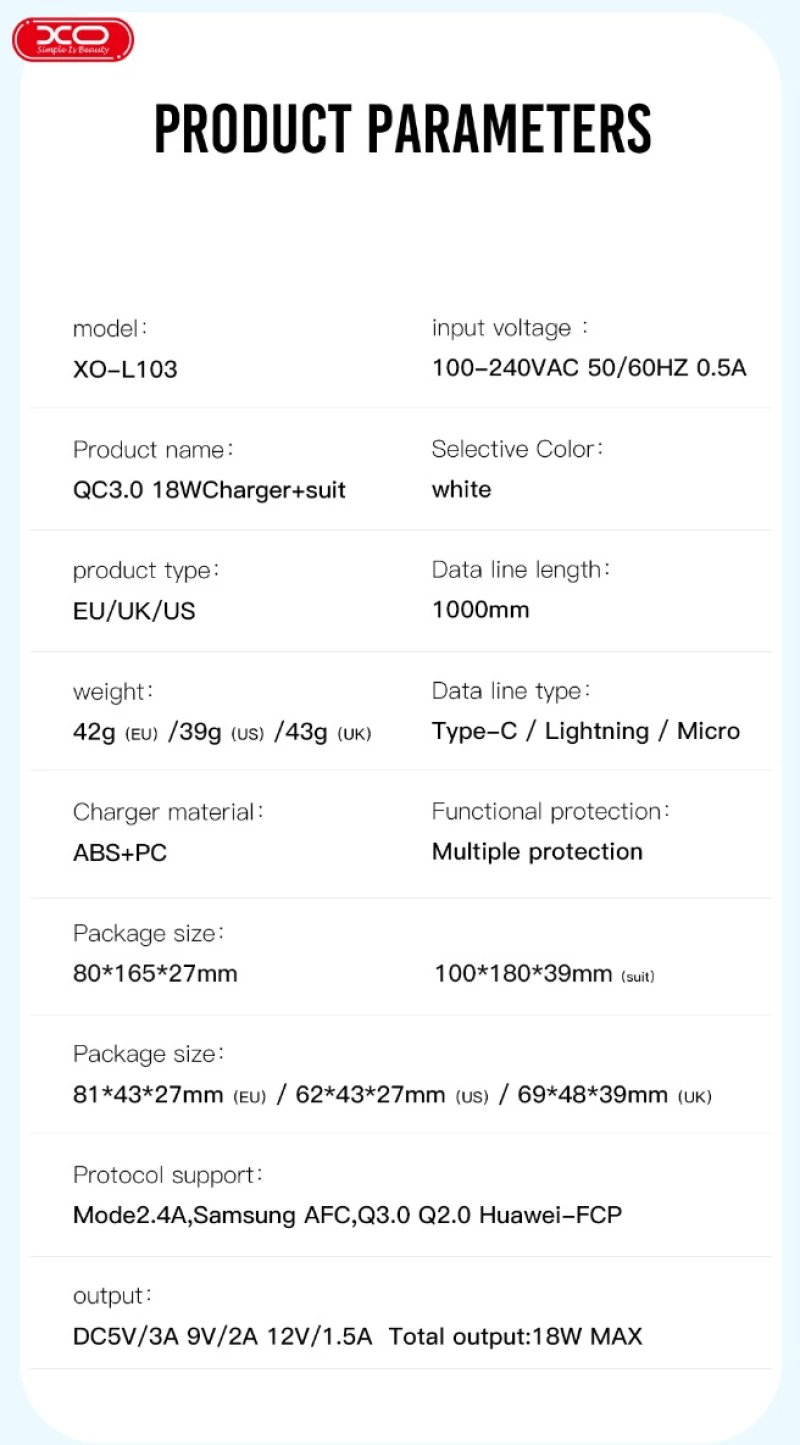 XO L103 (UK) QC3.0 18W Φορτιστής με Καλώδιο Micro (NB103)
