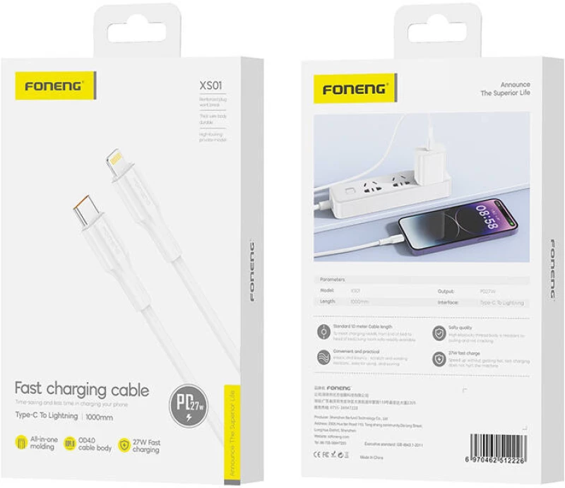 Foneng XS01 PD27W USB-C to Lightning cable, 1m (white)