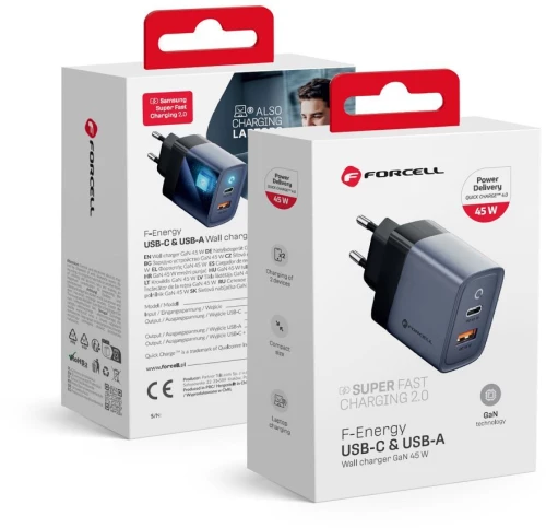 FORCELL F-ENERGY GaN VT-39 travel charger Type C + USB A PD QC4.0 4A 45W gray