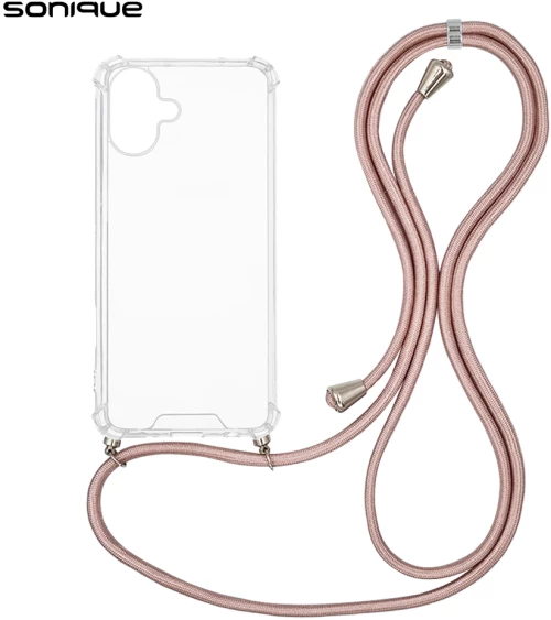 Θήκη Σιλικόνης με Κορδόνι Sonique Armor Clear Apple iPhone 16 Plus Ροζ Χρυσό Σατινέ