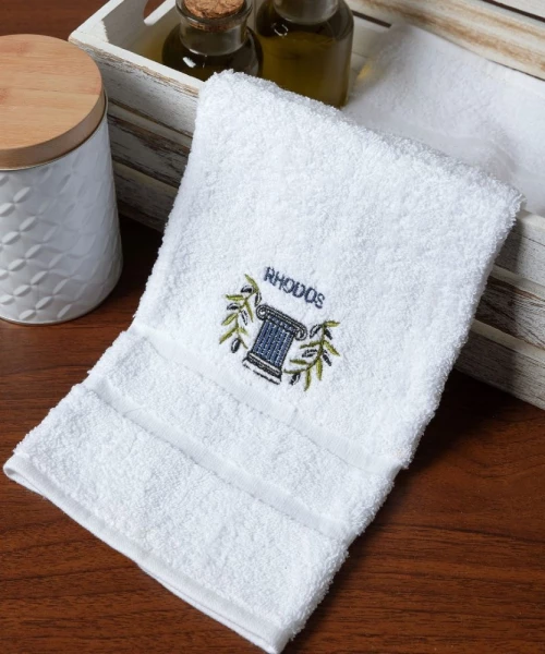 Πετσέτα Προσώπου ( 50cm x 100cm ) Λευκό με Μπλε Κίωνα ΡΟΔΟΣ Silk Fashion