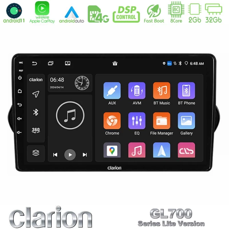Clarion GL700 Lite Series 8Core Android11 2+32GB Fiat Tipo 2015-2022 (Sedan) Navigation Multimedia Tablet 9" Με Carplay & Android Auto