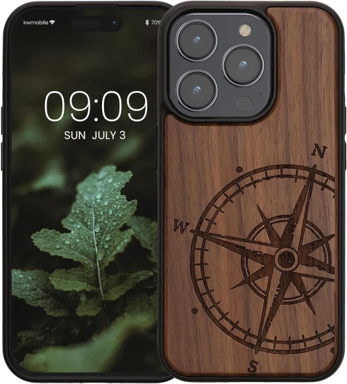 KWmobile Σκληρή Ξύλινη Θήκη με TPU Bumper - Apple iPhone 15 Pro - Walnut / Navigational Compass (62013.01)