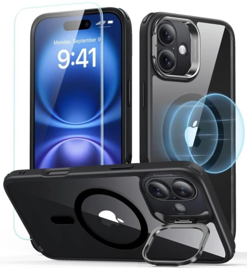 Θήκη & Αντιχαρακτικό Γυαλί Προστασίας Apple iPhone 16 - ESR Classic Hybrid HaloLock with Stash Stand Σετ Ανθεκτική MagSafe & Tempered Glass Οθόνης με KickStand - Clear / Black (4894240243640)