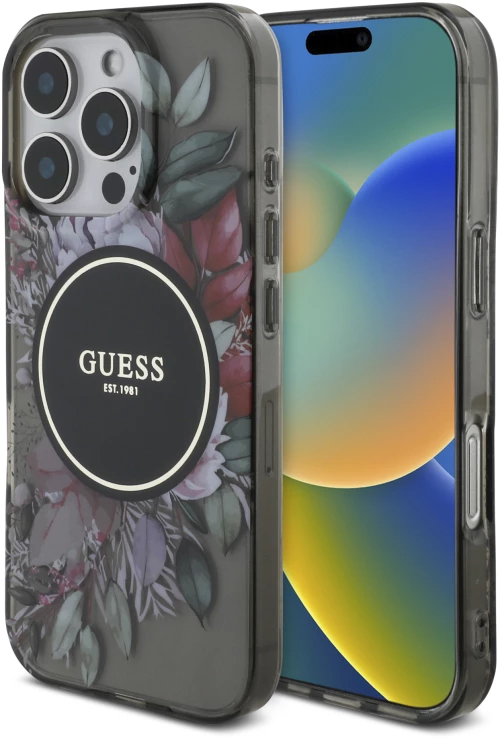 Guess “flowers With Pearl Strap” Hard Case Θήκη Προστασίας από Σκληρό Πλαστικό – Iphone 16 pro (Μαύρο – Guhmp16lhfwbrcesk)