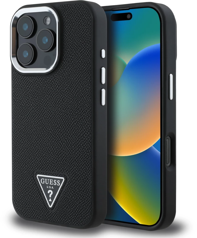 Guess “triangle Logo” Grained pu Case Θήκη Προστασίας από Δερματίνη – Iphone 16 pro (Μαύρο – Guhmp16lpgtspsk)