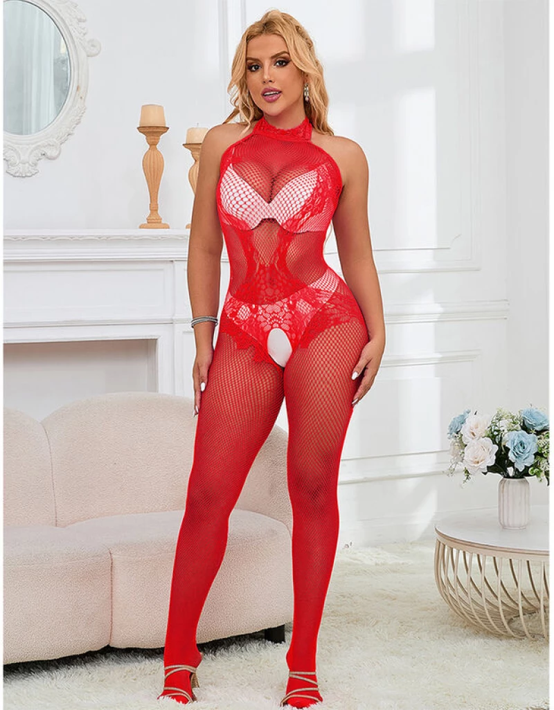 SUBBLIME - 952372 FISHNET AND LACE CROTCHLESS BODYSTOCKING WITH HIGH NECK RED ONE SIZE