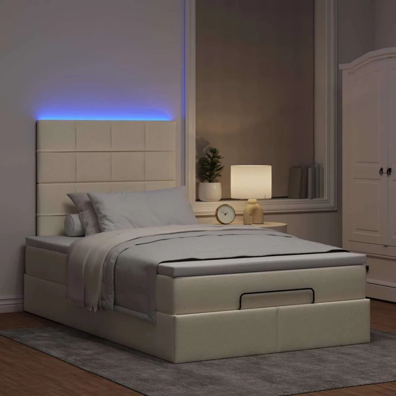 Οθωμανικό κρεβάτι με στρώμα & LEDs Cream 120x190cm ύφασμα Κρεμ 3313994