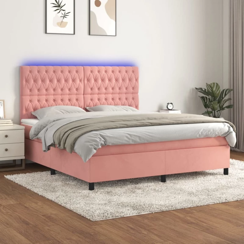 Κρεβάτι Boxspring με Στρώμα & LED Ροζ 160x200 εκ. Βελούδινο Ροζ 3136316