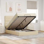 Οθωμανικό κρεβάτι με στρώμα & LEDs Cream 140x200 cm Ύφασμα Κρεμ 3314098