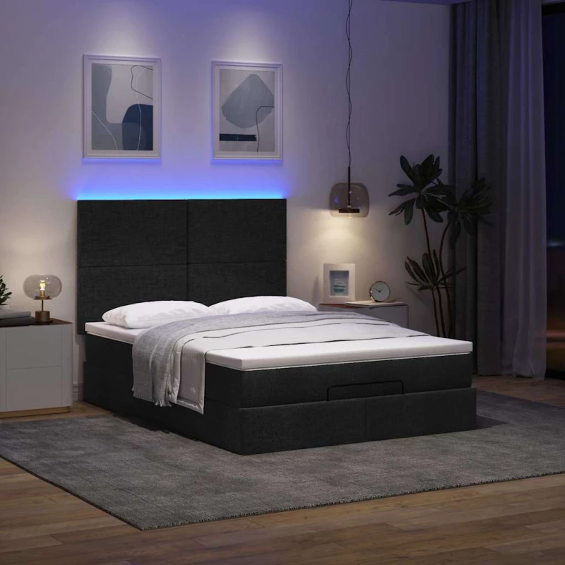Οθωμανικό κρεβάτι με στρώμα & LEDs Μαύρο 140x200 cm Ύφασμα Μαύρο 3313929
