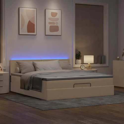 Οθωμανικό κρεβάτι με στρώμα & LEDs Cream 160x200cm ύφασμα Κρεμ 3312241