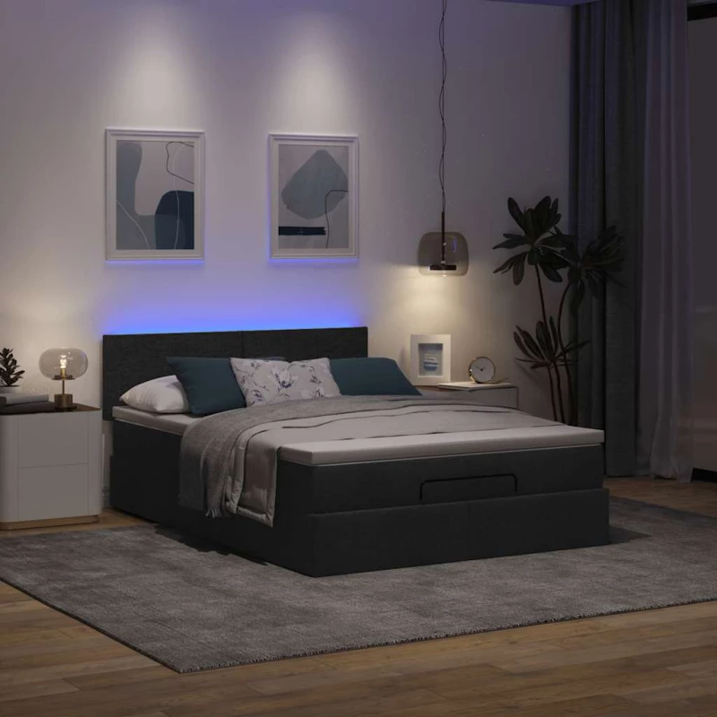 Οθωμανικό κρεβάτι με στρώμα & LEDs Μαύρο 140x200 cm Ύφασμα Μαύρο 3312231